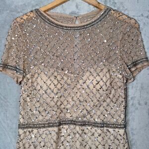 Adrianna Papell Cap Sleeve Beaded Mesh Gown Champagne Size 12 * Wedding Prom EUC